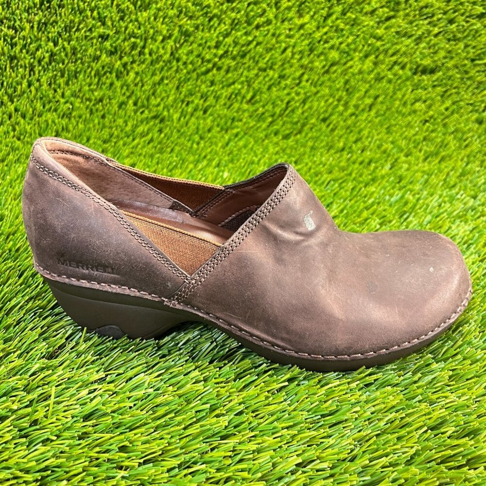 Merrell Emma Leather Brunette Womens Size 6.5 Brown Walking Clogs Shoes Slip Ons